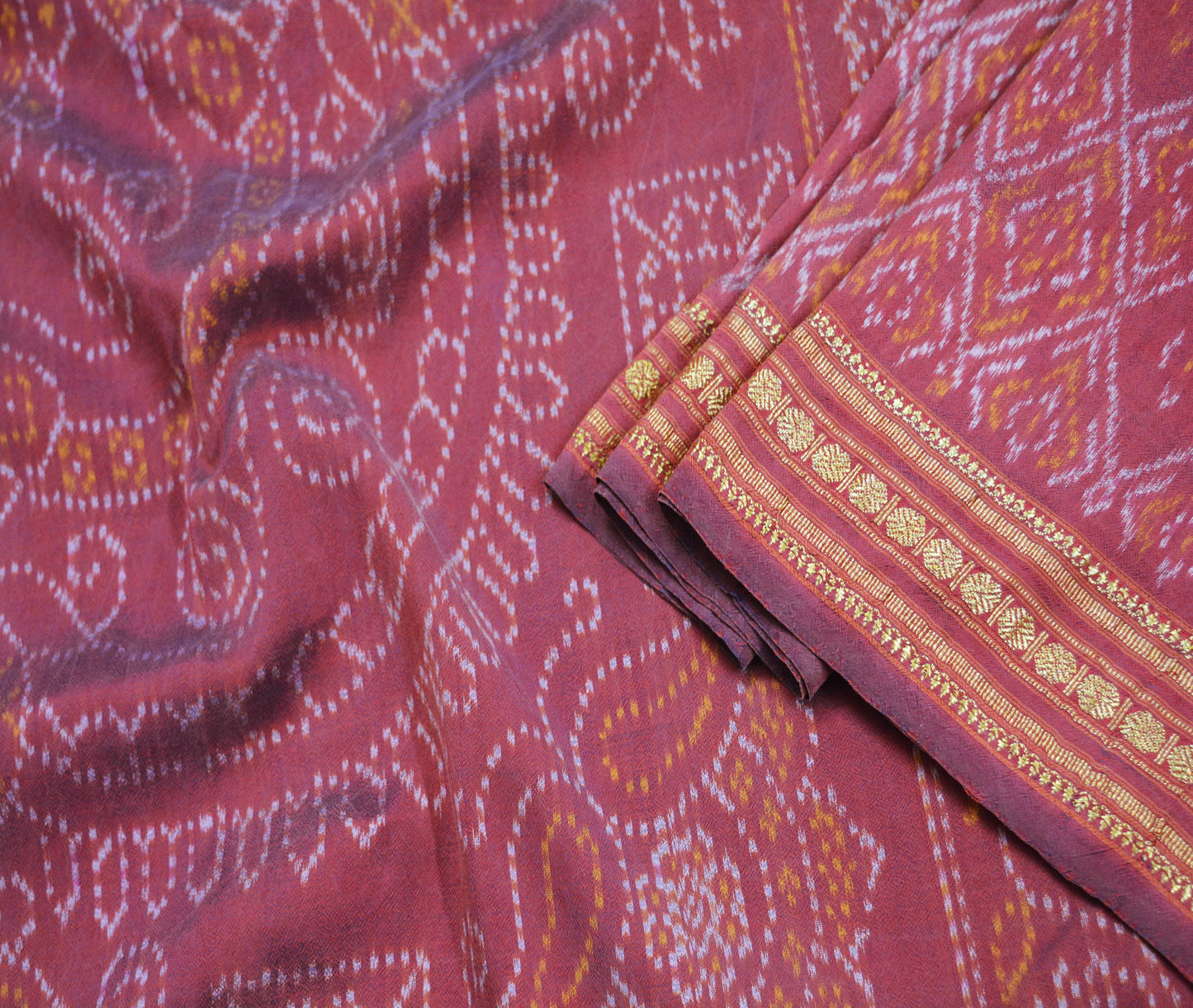 Indian Vintage Maroon Pure Silk Hand Woven Ikat Saree Indian Sari Craft Fabric 5Yard Zari Ethnic Premium Saree