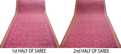 Indian Vintage Maroon Pure Silk Hand Woven Ikat Saree Indian Sari Craft Fabric 5Yard Zari Ethnic Premium Saree