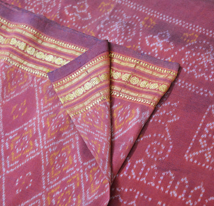 Indian Vintage Maroon Pure Silk Hand Woven Ikat Saree Indian Sari Craft Fabric 5Yard Zari Ethnic Premium Saree