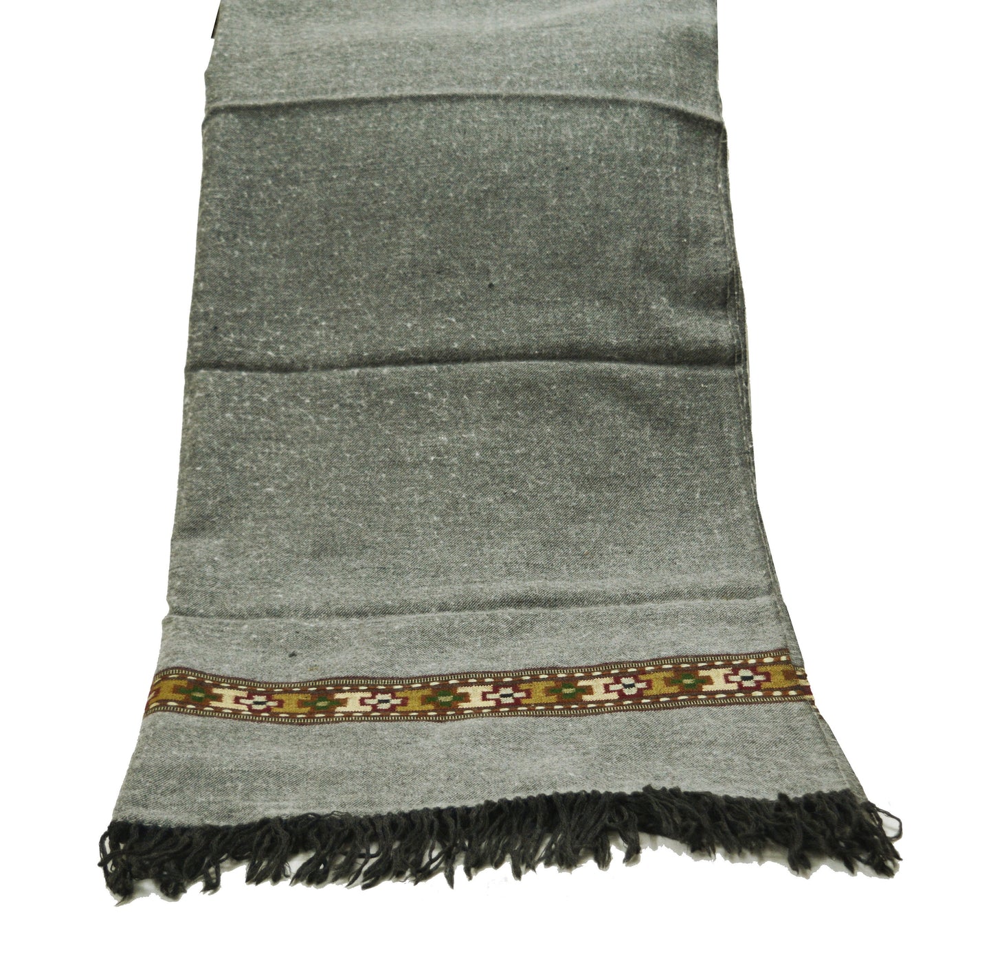 Vintage Gray Pure Woolen Handmade Kullu Shawl Woven work Long Throw Stole Warm Stole Warm Fringes