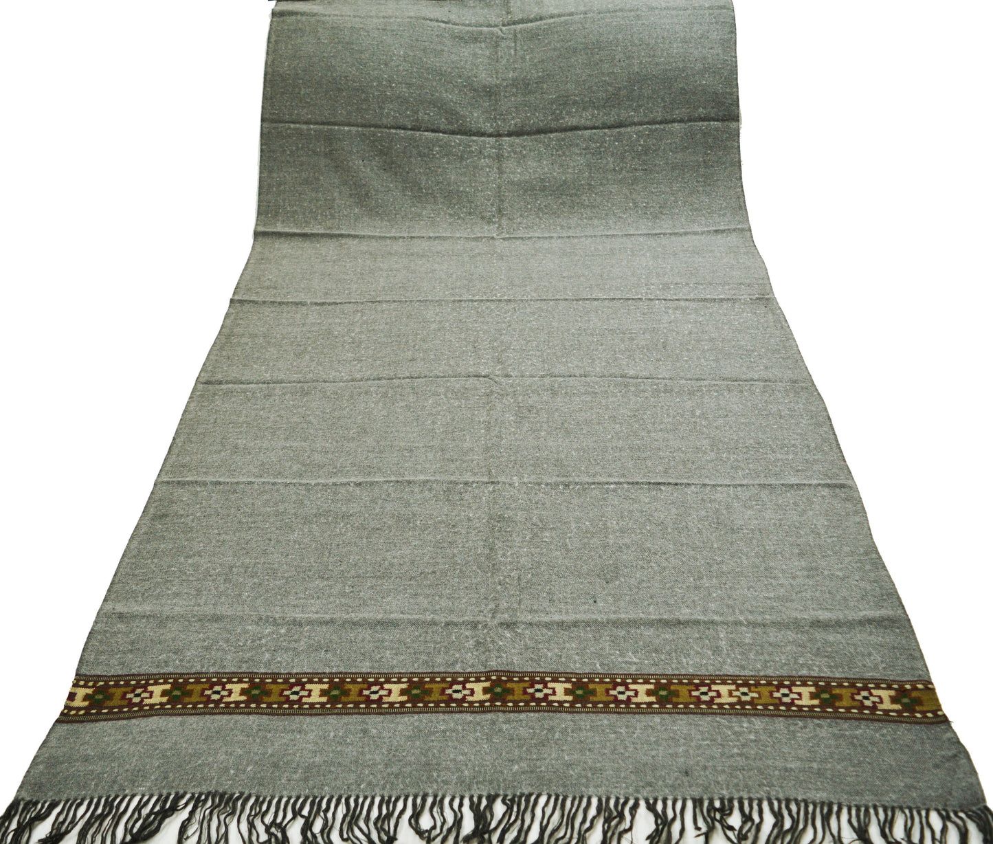 Vintage Gray Pure Woolen Handmade Kullu Shawl Woven work Long Throw Stole Warm Stole Warm Fringes