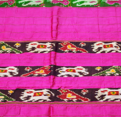 Indian Vintage Green & Pink Saree Pure Silk Patan Patola Hand Woven Ikat Indian Sari Fabric 5Yard Craft Ethnic Zari Border Elephant