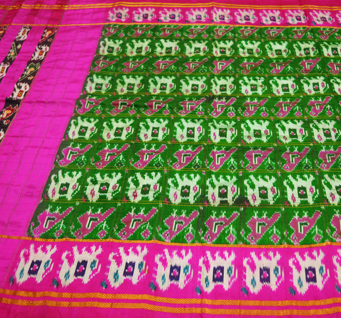 Indian Vintage Green & Pink Saree Pure Silk Patan Patola Hand Woven Ikat Indian Sari Fabric 5Yard Craft Ethnic Zari Border Elephant