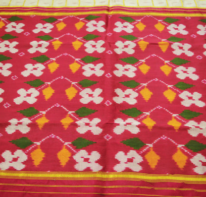 Indian Vintage Dark Red & Beige Pure Silk Hand Woven Ikat Saree Indian Sari Craft Fabric 5Yard Zari Ethnic Premium Saree