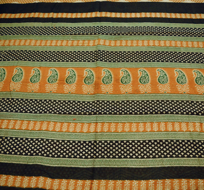 Indian Vintage SariSaffron & Black Block Printed Sari Pure chanderi Silk Saree  Fabric 5Yard Floral Soft Golden Zari