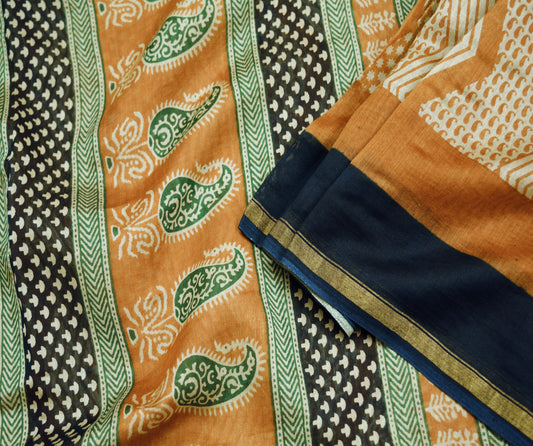 Indian Vintage SariSaffron & Black Block Printed Sari Pure chanderi Silk Saree  Fabric 5Yard Floral Soft Golden Zari