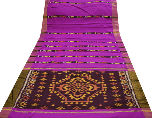 Indian Vintage Purple Hand woven Sambalpuri Ikat sari Saree Blend Cotton Indian Sari Fabric 5Yard Craft Ethnic Zari Border