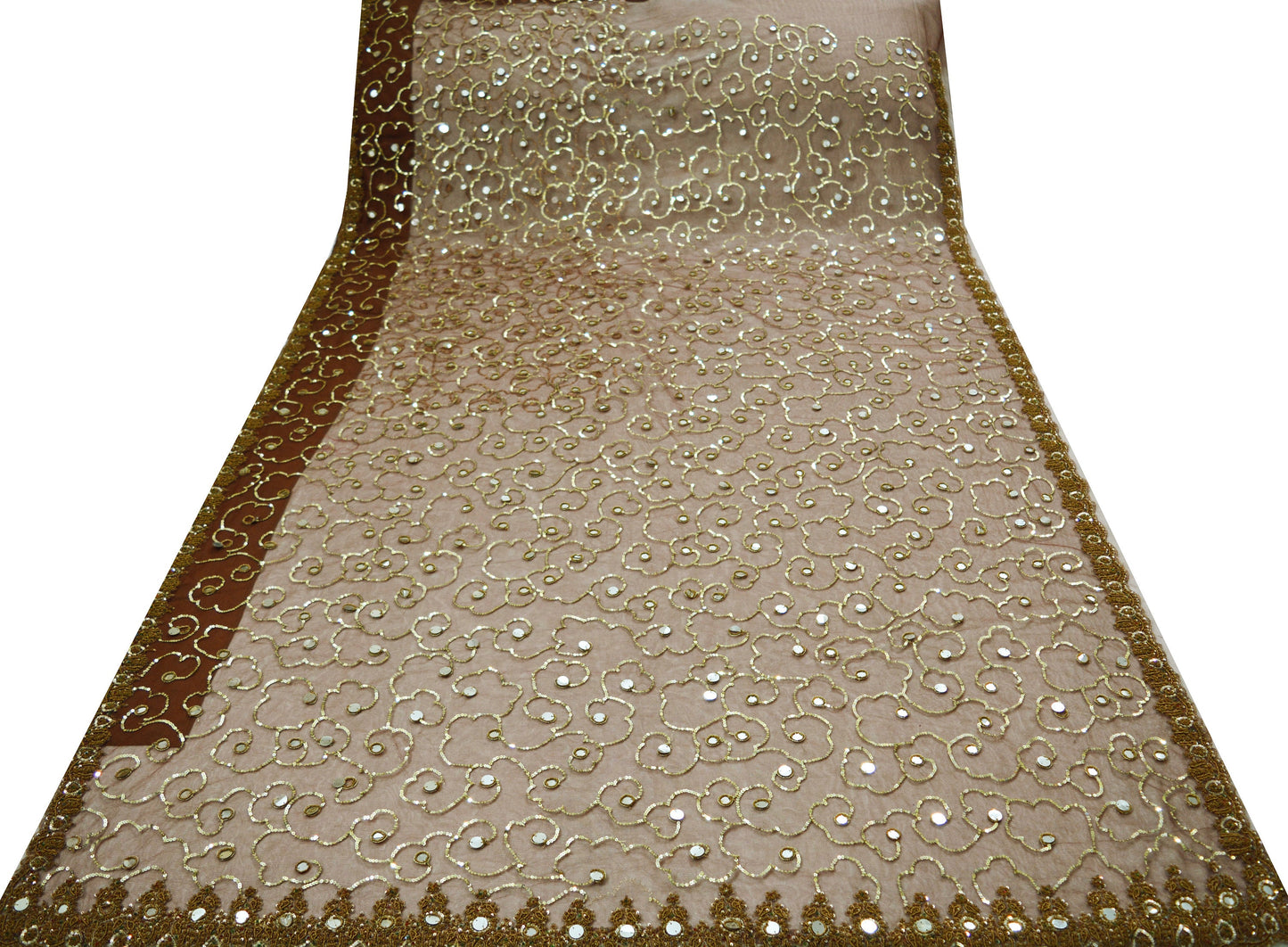 Indian Vintage Brown Saree Net/Mesh Hand Embroidered Indian Sari Fabric 6Yd Sewing Soft Zardozi/Dabka Zari Sequins