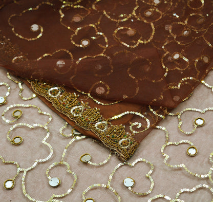 Indian Vintage Brown Saree Net/Mesh Hand Embroidered Indian Sari Fabric 6Yd Sewing Soft Zardozi/Dabka Zari Sequins