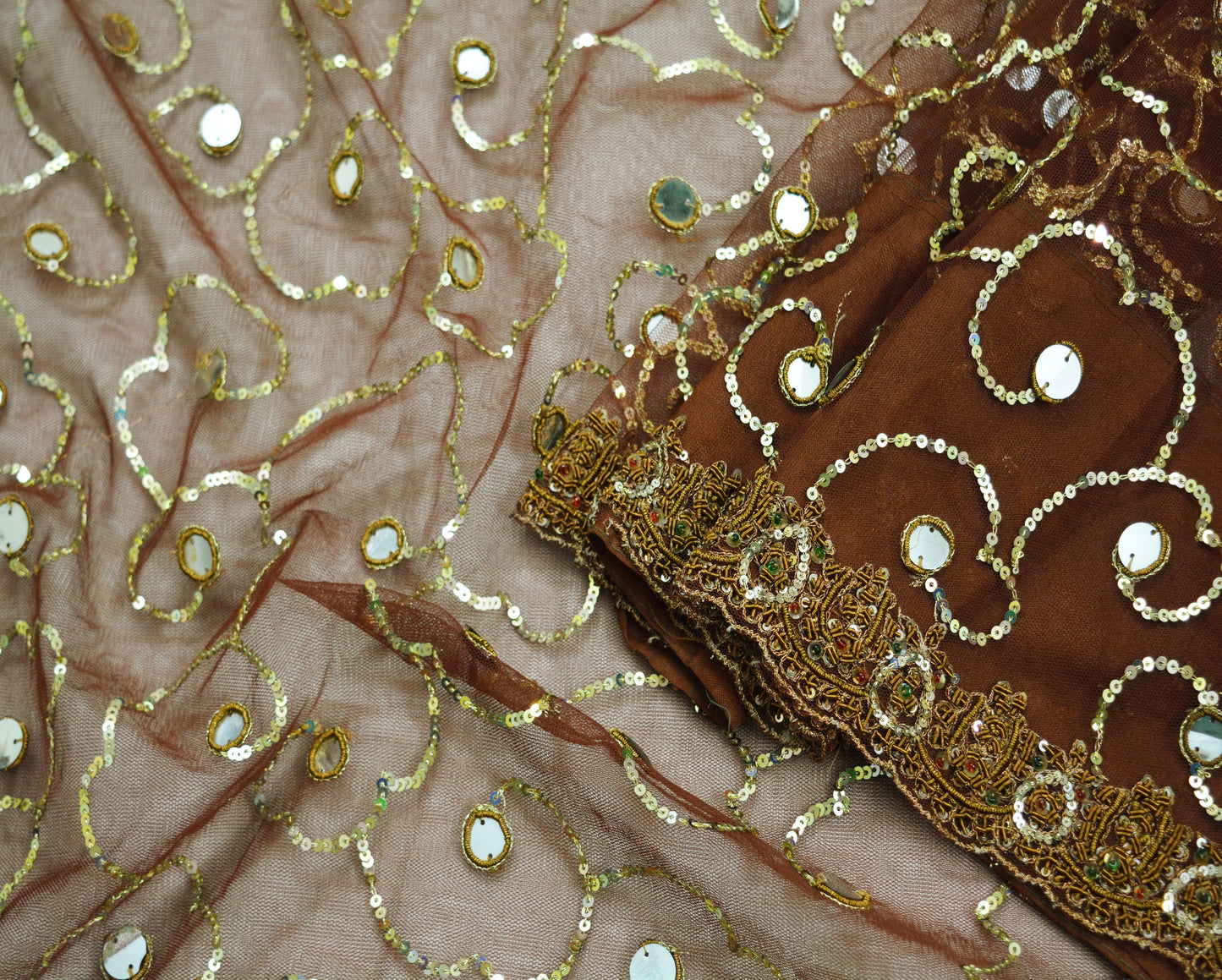 Indian Vintage Brown Saree Net/Mesh Hand Embroidered Indian Sari Fabric 6Yd Sewing Soft Zardozi/Dabka Zari Sequins