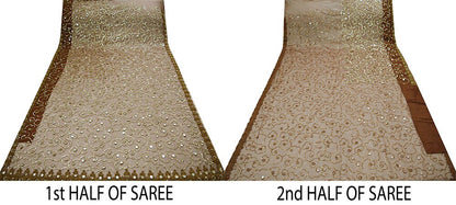 Indian Vintage Brown Saree Net/Mesh Hand Embroidered Indian Sari Fabric 6Yd Sewing Soft Zardozi/Dabka Zari Sequins