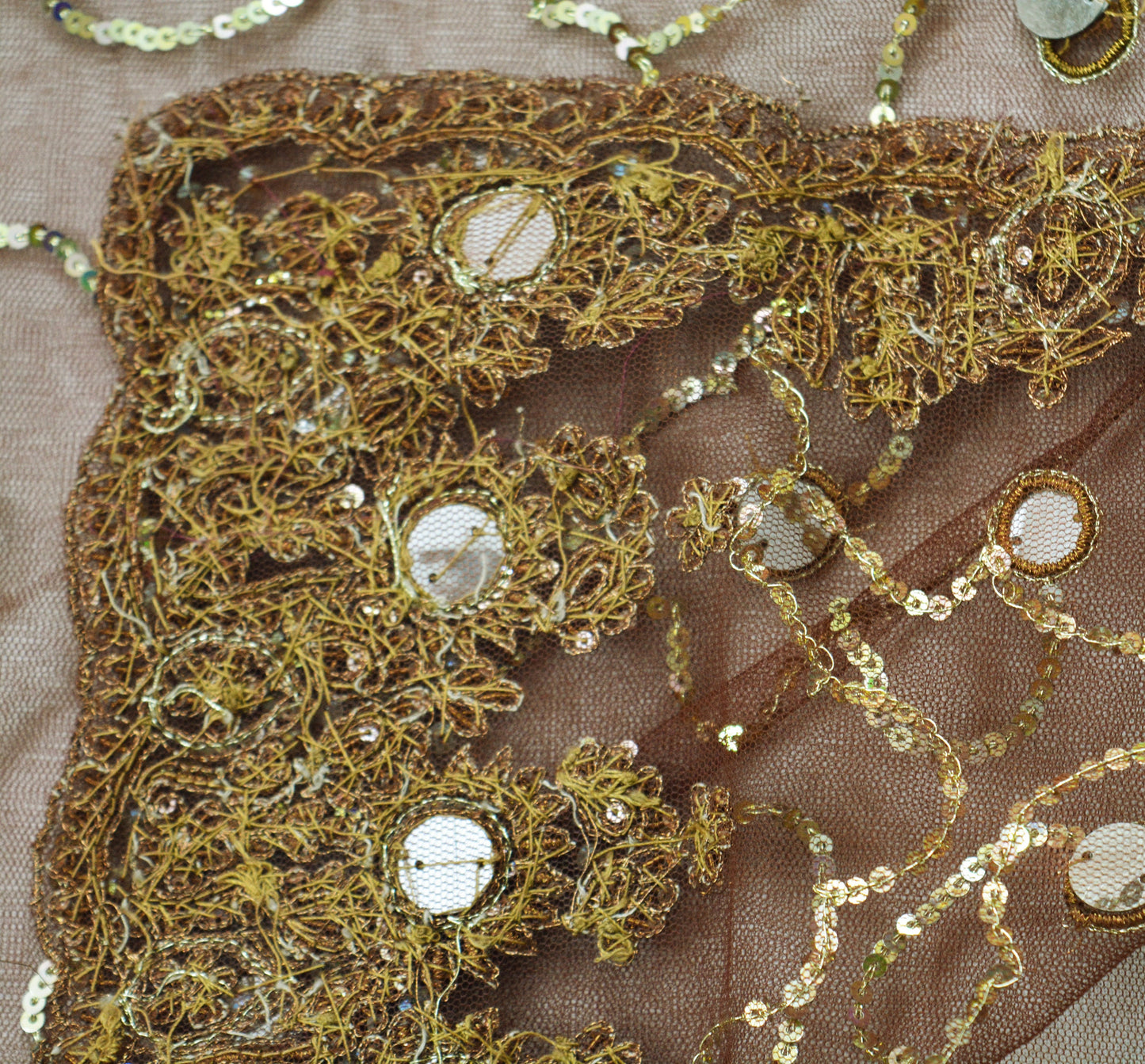 Indian Vintage Brown Saree Net/Mesh Hand Embroidered Indian Sari Fabric 6Yd Sewing Soft Zardozi/Dabka Zari Sequins