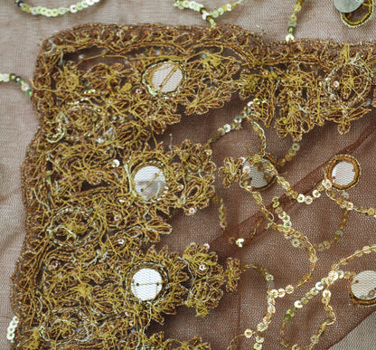 Indian Vintage Brown Saree Net/Mesh Hand Embroidered Indian Sari Fabric 6Yd Sewing Soft Zardozi/Dabka Zari Sequins