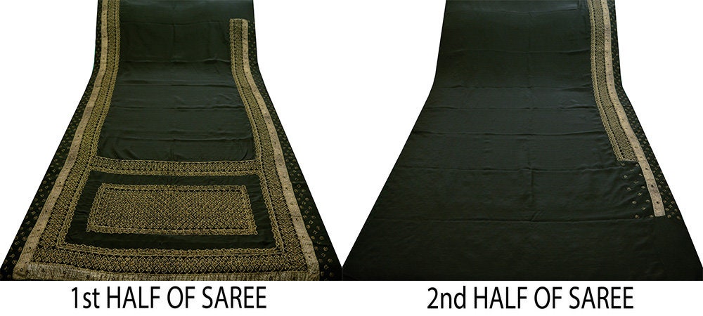 Indian Vintage Sari Black Heavy Pure Crepe Silk Hand Embroidered Saree Fabric 5Yard Ethnic Zardozi/ dabka Mess net