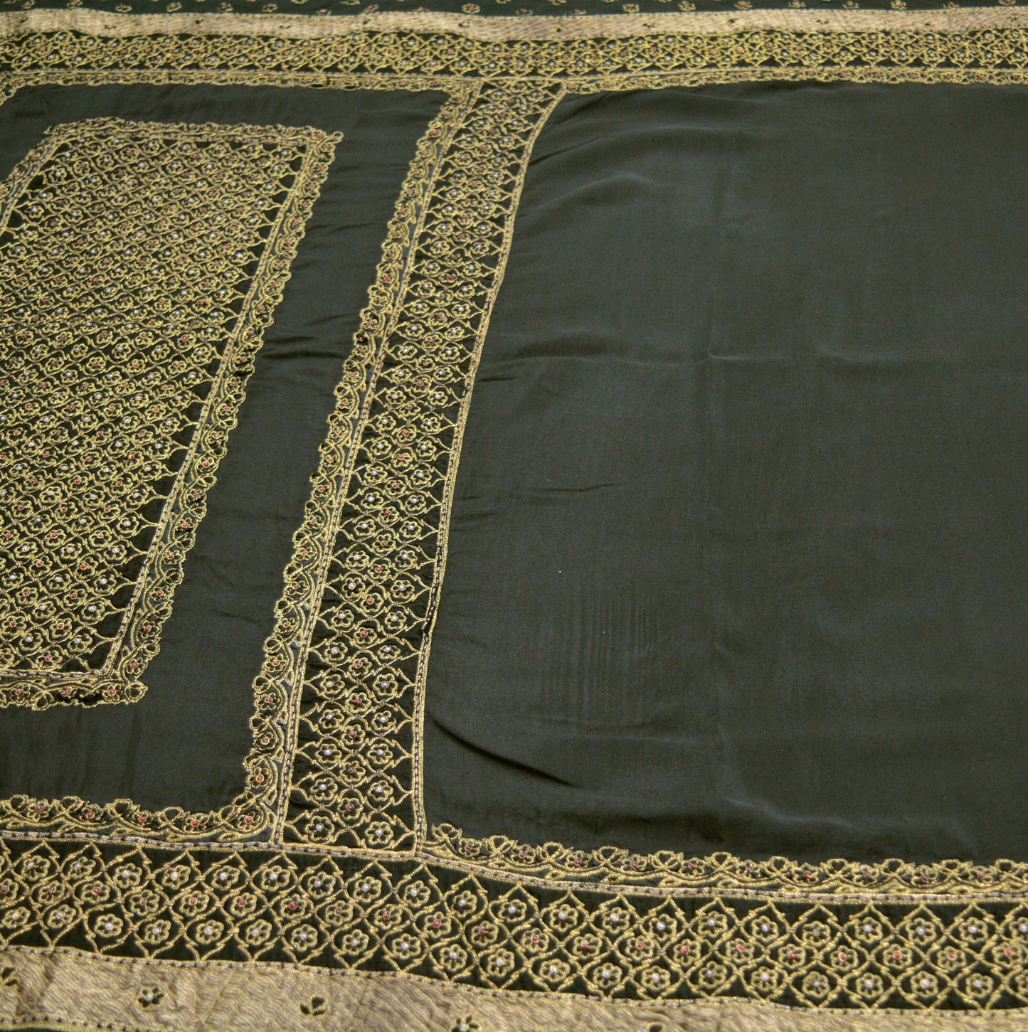 Indian Vintage Sari Black Heavy Pure Crepe Silk Hand Embroidered Saree Fabric 5Yard Ethnic Zardozi/ dabka Mess net