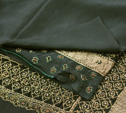 Indian Vintage Sari Black Heavy Pure Crepe Silk Hand Embroidered Saree Fabric 5Yard Ethnic Zardozi/ dabka Mess net