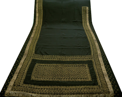 Indian Vintage Sari Black Heavy Pure Crepe Silk Hand Embroidered Saree Fabric 5Yard Ethnic Zardozi/ dabka Mess net