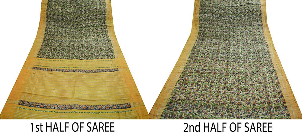 Indian Vintage Beige & Saffron Saree Pure Khadi Silk Handloom Indian Sari Craft Fabric 5yard Ethnic Wear Sari