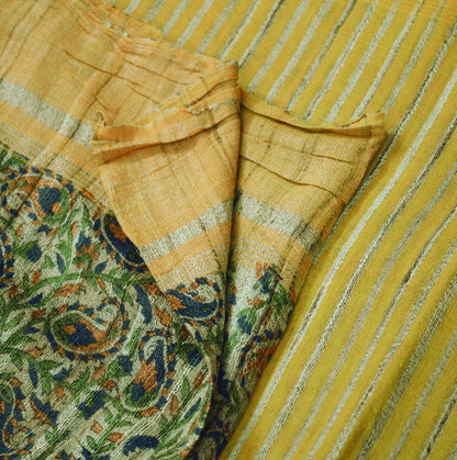 Indian Vintage Beige & Saffron Saree Pure Khadi Silk Handloom Indian Sari Craft Fabric 5yard Ethnic Wear Sari