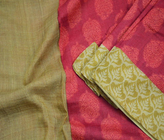 Indian Vintage Sari Pink & Peach Pure Tussar Silk Printed Saree Fabric 5yard Sewing Craft Fabric DressMaking Wrap