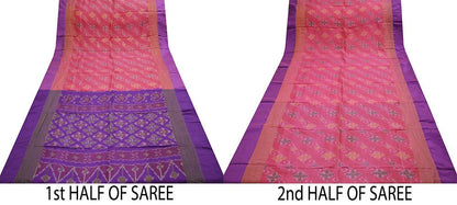 Indian Vintage Purple & Pink Saree Pure Silk Hand Woven Ikat Patola Indian Sari Fabric 5Yard Craft Ethnic Zari Border