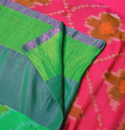 Indian Vintage Green & Pink Pure Silk Hand Woven Ikat Saree Indian Sari Fabric 5Yard Craft Ethnic Zari Premium Saree