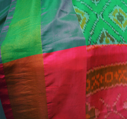 Indian Vintage Green & Pink Pure Silk Hand Woven Ikat Saree Indian Sari Fabric 5Yard Craft Ethnic Zari Premium Saree