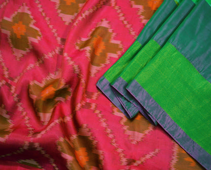 Indian Vintage Green & Pink Pure Silk Hand Woven Ikat Saree Indian Sari Fabric 5Yard Craft Ethnic Zari Premium Saree