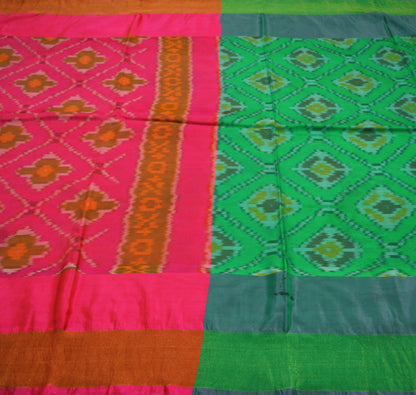 Indian Vintage Green & Pink Pure Silk Hand Woven Ikat Saree Indian Sari Fabric 5Yard Craft Ethnic Zari Premium Saree