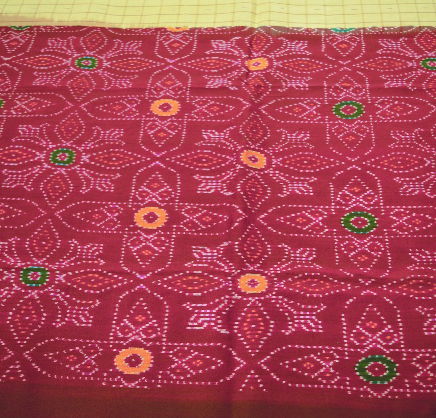 Indian Vintage Beige & Maroon Pure Silk Hand Woven Ikat Saree Indian Sari Fabric 5Yard Craft Ethnic Premium Saree