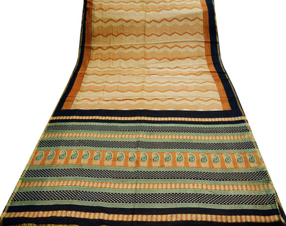 Indian Vintage SariSaffron & Black Block Printed Sari Pure chanderi Silk Saree  Fabric 5Yard Floral Soft Golden Zari