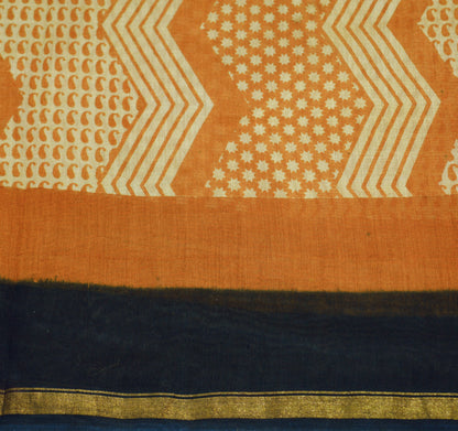 Indian Vintage SariSaffron & Black Block Printed Sari Pure chanderi Silk Saree  Fabric 5Yard Floral Soft Golden Zari