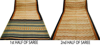 Indian Vintage SariSaffron & Black Block Printed Sari Pure chanderi Silk Saree  Fabric 5Yard Floral Soft Golden Zari