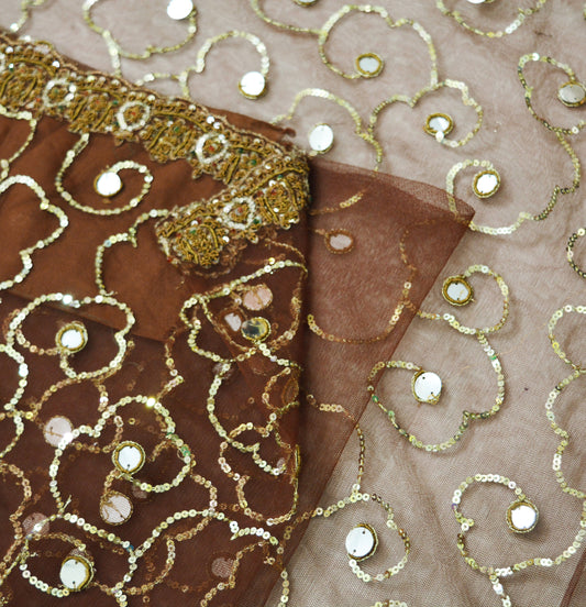 Indian Vintage Brown Saree Net/Mesh Hand Embroidered Indian Sari Fabric 6Yd Sewing Soft Zardozi/Dabka Zari Sequins