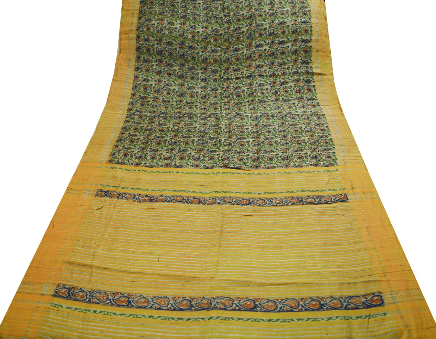 Indian Vintage Beige & Saffron Saree Pure Khadi Silk Handloom Indian Sari Craft Fabric 5yard Ethnic Wear Sari