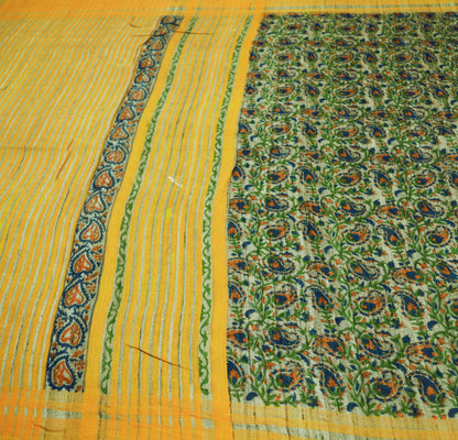 Indian Vintage Beige & Saffron Saree Pure Khadi Silk Handloom Indian Sari Craft Fabric 5yard Ethnic Wear Sari