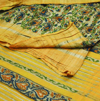 Indian Vintage Beige & Saffron Saree Pure Khadi Silk Handloom Indian Sari Craft Fabric 5yard Ethnic Wear Sari