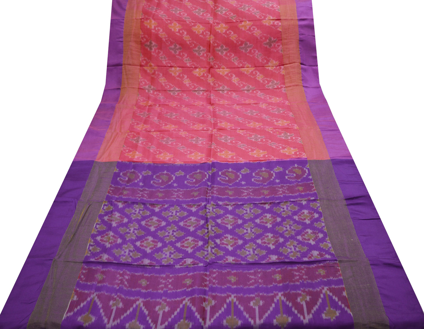 Indian Vintage Purple & Pink Saree Pure Silk Hand Woven Ikat Patola Indian Sari Fabric 5Yard Craft Ethnic Zari Border