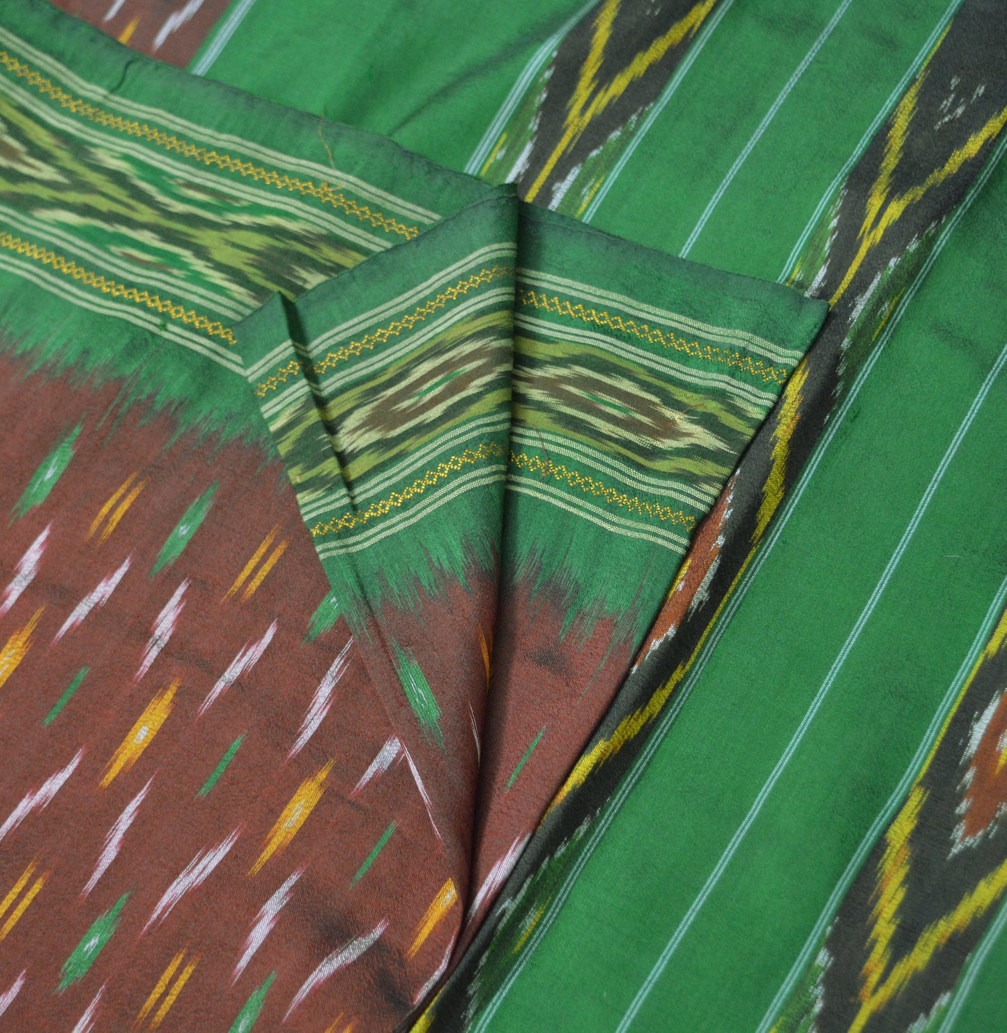 Indian Vintage Green & Maroon Pure Silk Hand Woven Ikat Saree Indian Sari Fabric 5Yard Craft Ethnic Premium Sari Zari