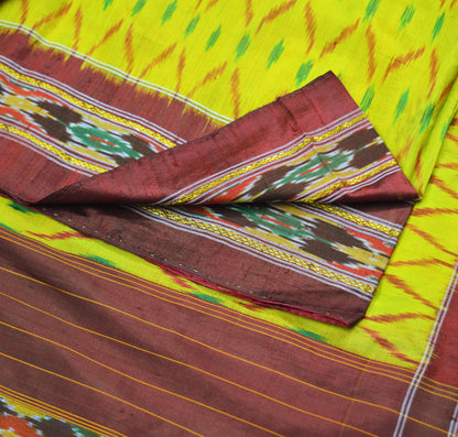 Indian Vintage Yellow & Maroon Pochampally Silk Saree Pure Silk Hand Woven Ikat Patola Indian Sari Fabric 5Yard Craft Ethnic Zari Border