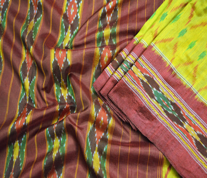 Indian Vintage Yellow & Maroon Pochampally Silk Saree Pure Silk Hand Woven Ikat Patola Indian Sari Fabric 5Yard Craft Ethnic Zari Border