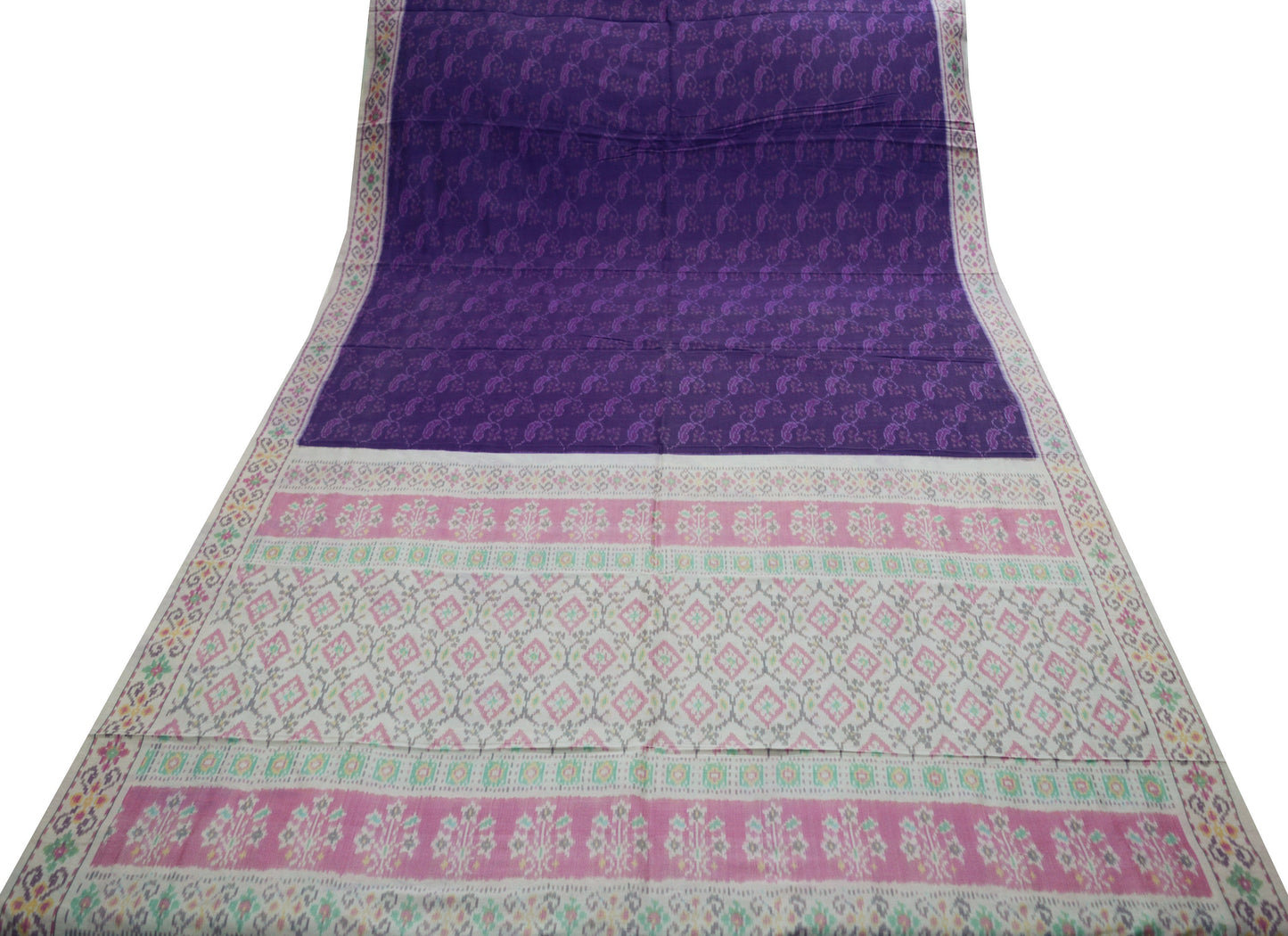 Indian Vintage Blue & Cream Pure Silk Hand Woven Ikat Saree Indian Sari Fabric 5Yard Craft Ethnic Premium Saree