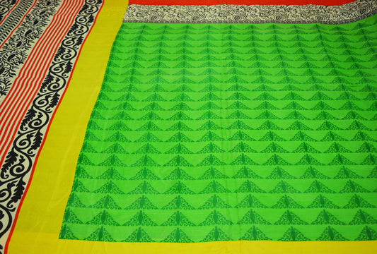 Indian Vintage Sari Green Pure Silk Printed Saree Craft Fabric 5yd Sewing Quilting DressMaking Soft Floral Design