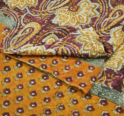 Indian Vintage Sari Pure Crepe Silk Block Printed Saree 5yard Sewing Quilting Floral Soft Craft Fabric Wrap