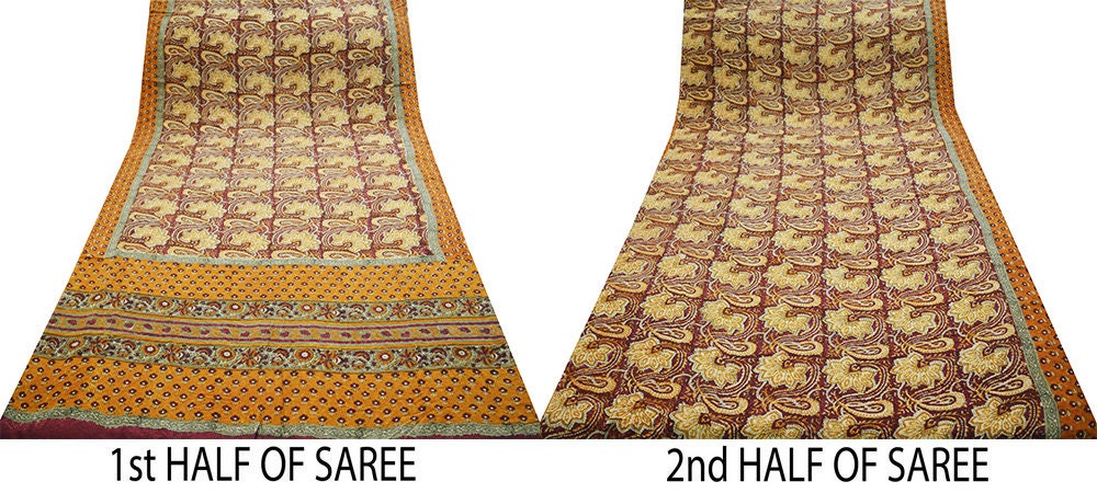 Indian Vintage Sari Pure Crepe Silk Block Printed Saree 5yard Sewing Quilting Floral Soft Craft Fabric Wrap