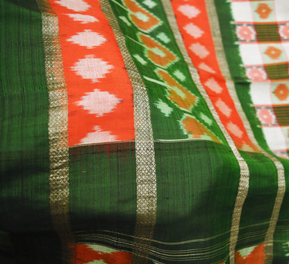 Indian Vintage Green Saree Pure Silk Patan Patola Hand Woven Ikat Indian Sari Fabric 5Yard Craft Ethnic Zari Border