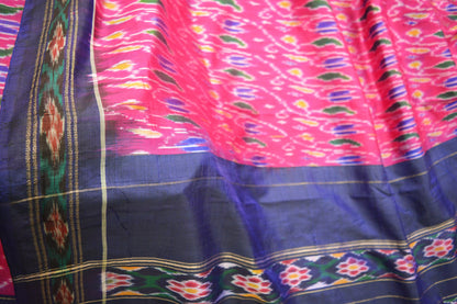 Indian Vintage Pink Pochampally Silk Saree Pure Silk Hand Woven Ikat Patola Indian Sari Fabric 5Yard Craft Ethnic Zari Border