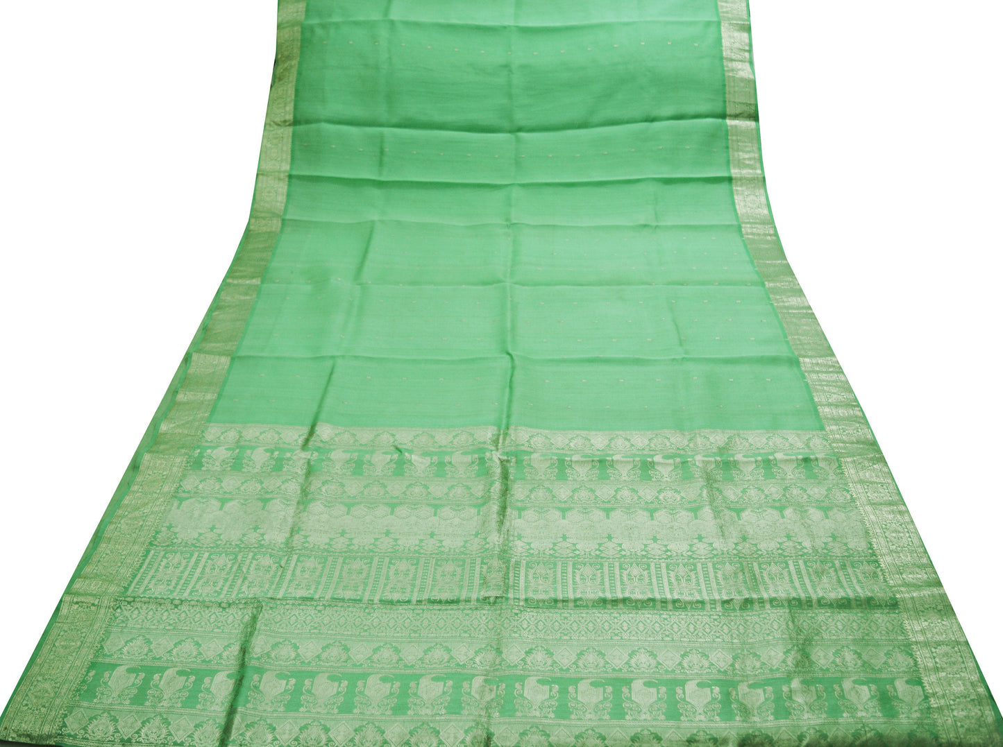 Indian Vintage Sari Heavy Saree Pure Silk Woven Banarasi Brocade Green 5Yard Golden Zari Floral