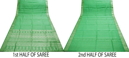 Indian Vintage Sari Heavy Saree Pure Silk Woven Banarasi Brocade Green 5Yard Golden Zari Floral