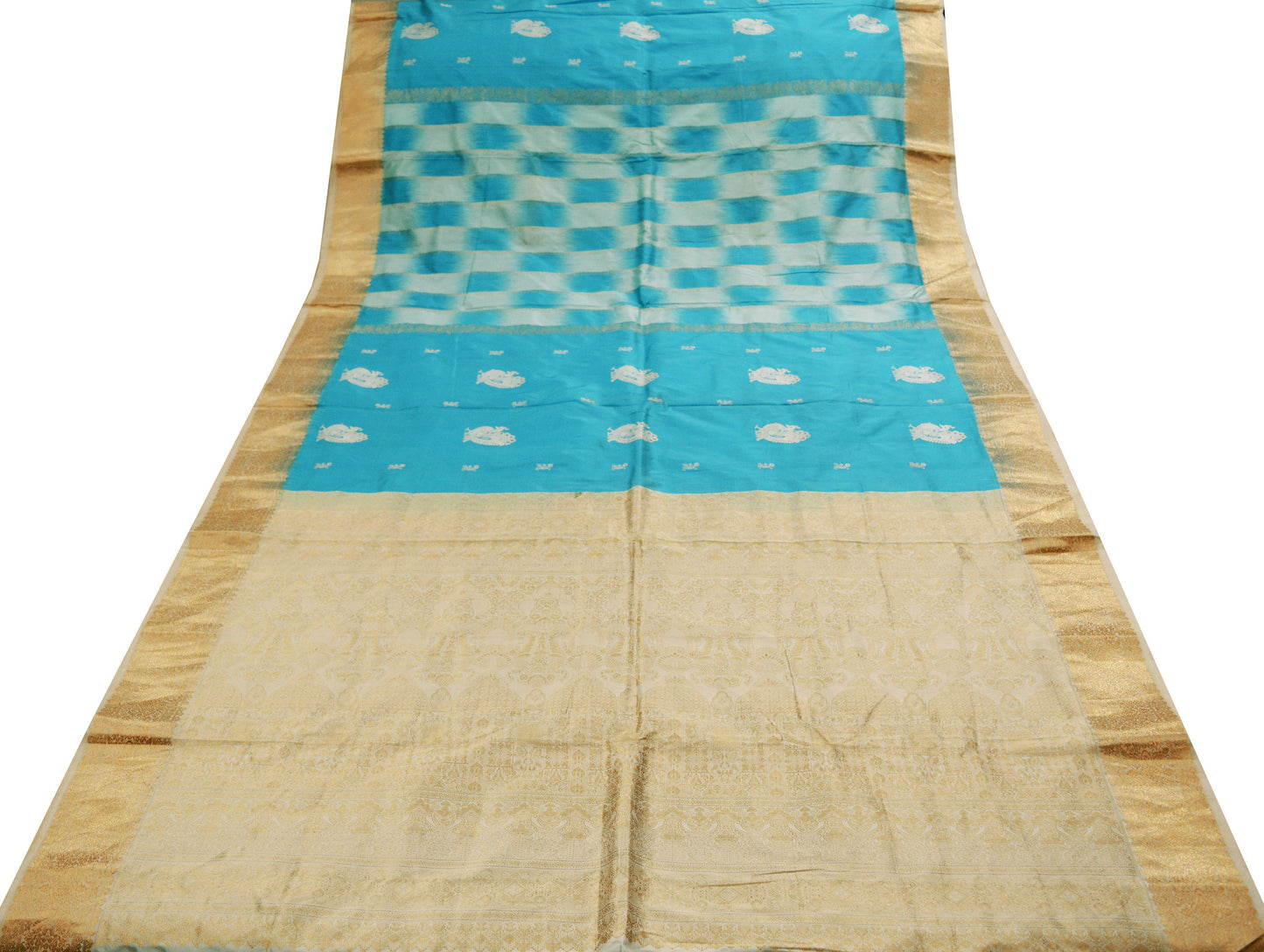 Indian Vintage Sari Heavy Blue Pure Silk Woven Brocade Saree 5Yard Golden Zari Floral